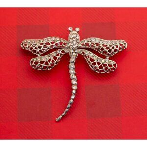 Vintage Dragonfly Rhinestone Silver Tone Brooch - O15